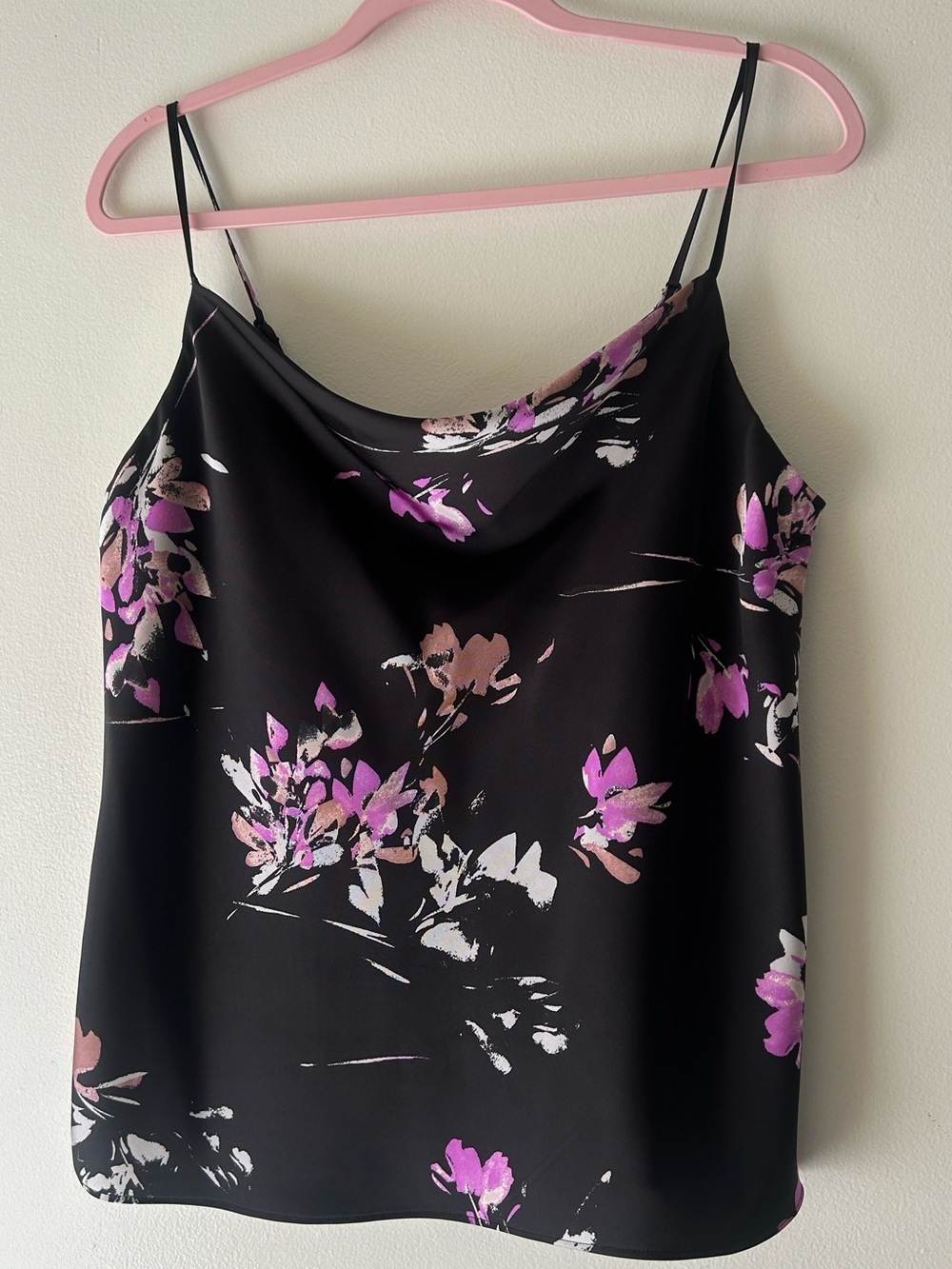 Floral Cowl Neck Cami Tank Top — Black with Pink Floral